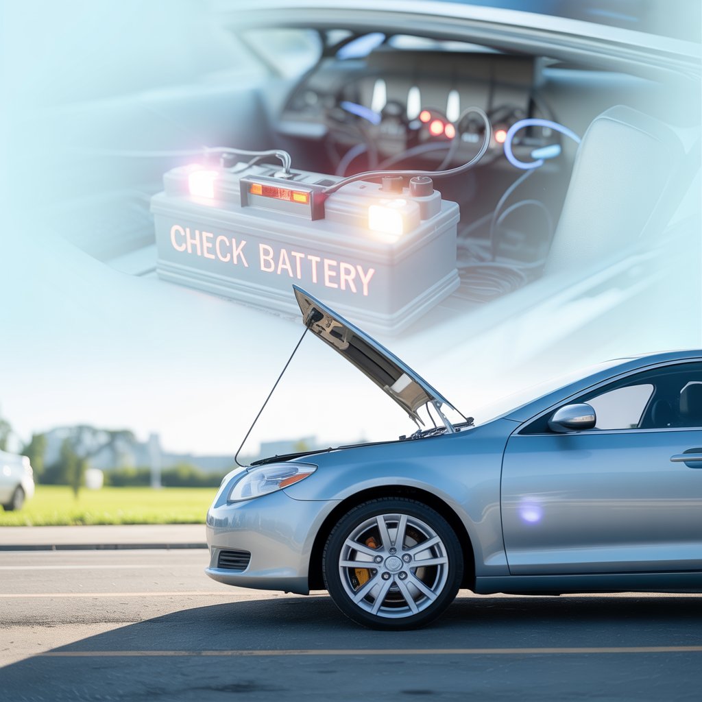 A modern car parked on a road with its hood open, showing a glowing car battery. The background shows a subtle dashboard with warning lights, dim headlights, and electrical icons floating subtly. Emphasize clarity, realism, and a professional automotive look. Bright, clean, and eye-catching colors suitable for a featured blog image about car battery signs and maintenance.